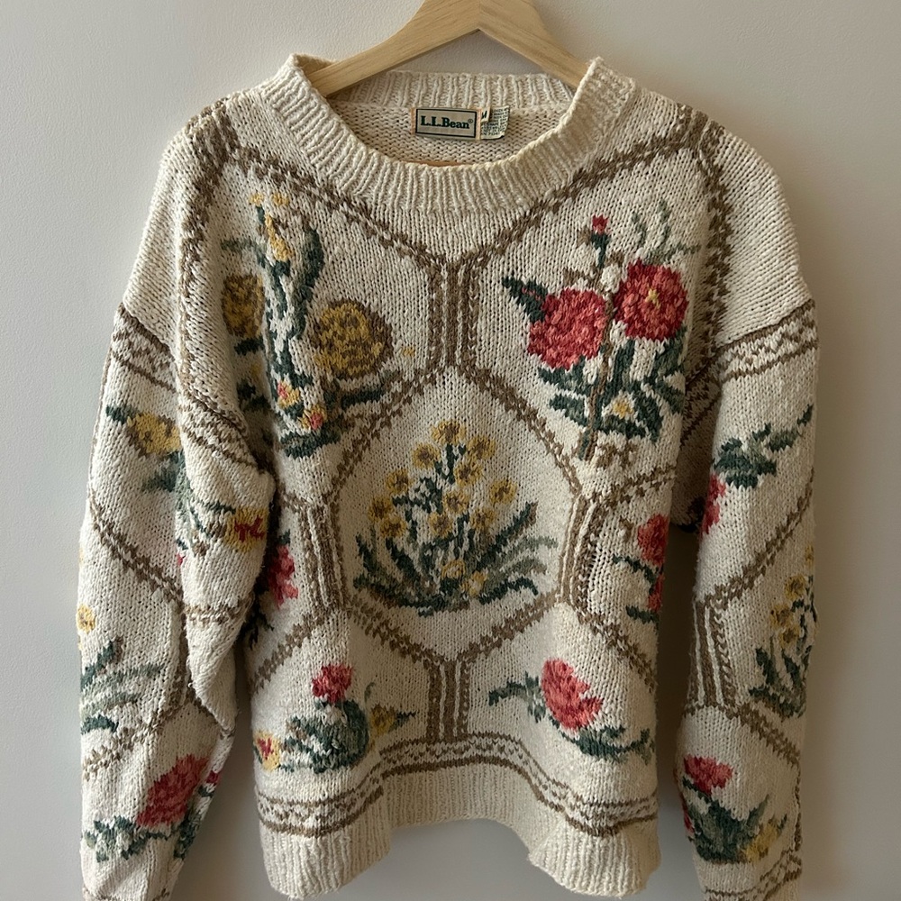 L.L. Bean Vintage Cream Floral Crewneck Sweater